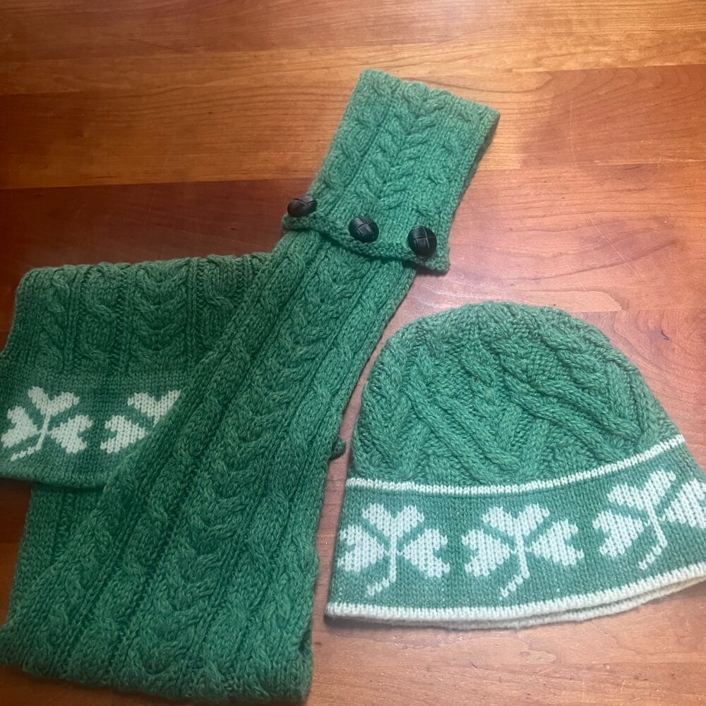 Irish Merino Wool Beanie and Scarf Set, Green with Shamrocks by Saol - Picture 9 of 11